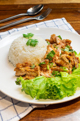 Rice with spicy chicken salad in white dish on wooden table.