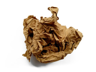 Crumpled paper ball isolated on white background. Crumpled paper texture. Brown crumpled paper texture for background.