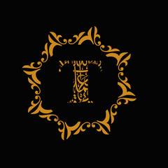 the T font style arabian islamic letter logo design with black background
