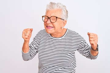 Senior grey-haired woman wearing striped navy t-shirt glasses over isolated white background very happy and excited doing winner gesture with arms raised, smiling and screaming for success. 