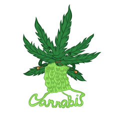 Cannabis character knits clothes. Emblem for the production of cannabis clothing isolated on white background .Vector graphic.