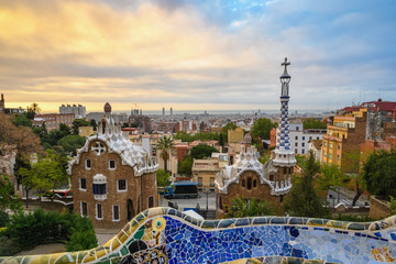 Fototapeta na wymiar Barcelona Spain, sunrise city skyline at Park Guell