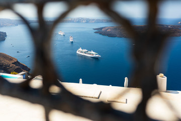 Cruise ships anchored in caldera in Santorini, Greece islands.  