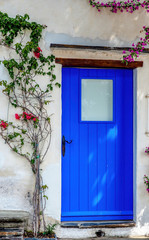 blue door with flowers around