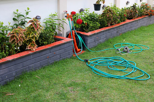 watering hose equipment in green grass of backyard