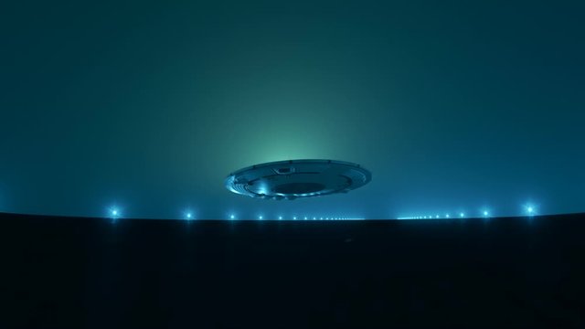 Extraterrestrial spacecraft (UFO) landing on a strip during a foggy night. 4KHD