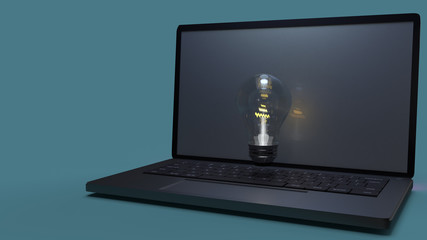  Light bulb in laptop  for idea content 3d rendering.