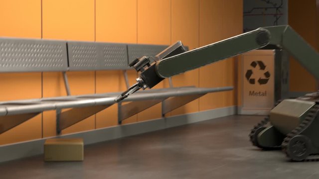 Police sapper robot disarming suspicious package left in a subway station. 4KHD