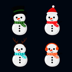 set of snow man isolated on blue background. vector Illustration. 