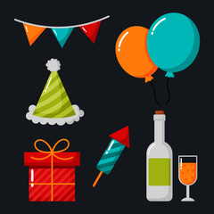 party celebration. birthday icons. christmas items on black background. vector Illustration.