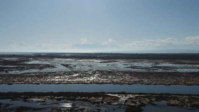 Aerial drone shot backtracking and ascending over a river and swampwater in Axios river delta in the area of Thessaloniki in Greece