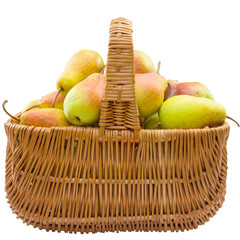 Basket with pears isolated on a white background.