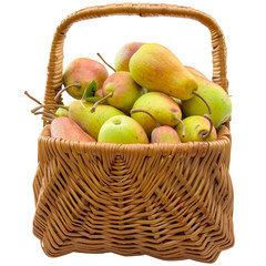 Basket with pears isolated on a white background.