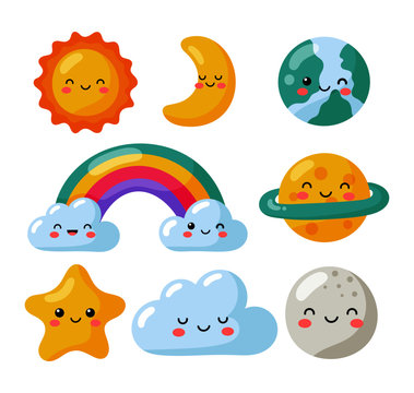 set of kawaii stars, moon, sun, rainbow and clouds isolated on white background. baby cute pastel colors. vector Illustration.