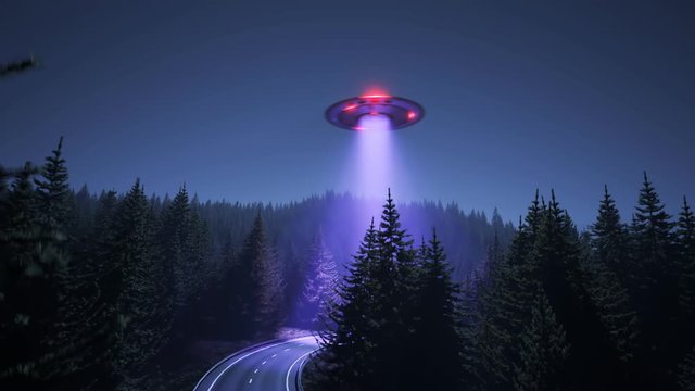 Alien flying saucer hovering over a coniferous forest during  the night. 4KHD