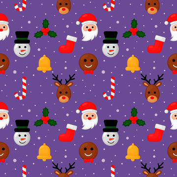 christmas characters seamless pattern on purple background. vector Illustration.