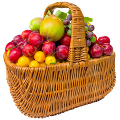 Basket with cherry plum isolated on a white background.