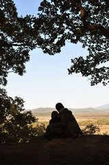 silhouettes of the back of a man and a child in a viewing platform on a background of trees and nature