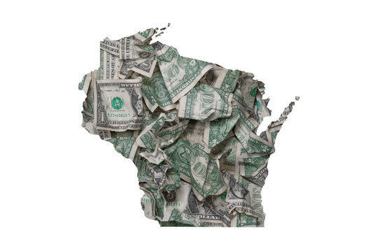 Wisconsin State Map Outline with Crumpled Dollars, Government Waste of Money Concept