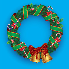 Christmas wreath with bells candy bows mistletoe ribbon pine on blue isolated background. Vector image.