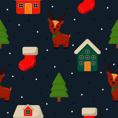 christmas characters seamless pattern on blue background. vector Illustration.