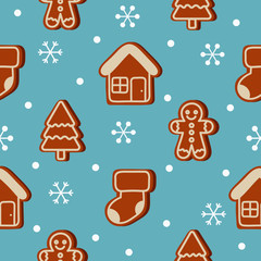 ginger cookie christmas dessert seamless pattern isolated on blue background. vector Illustration.
