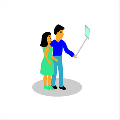 Man and woman taking selfie flat vector illustration. Stylish guy holding a smartphone cartoon character on a white background. Guy and girl on a date.