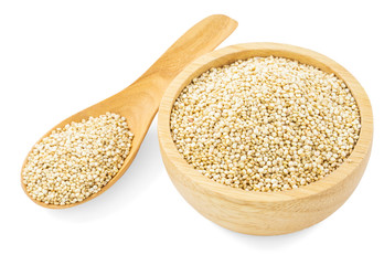 Quinoa in wooden ware isolated on white background