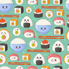 Fototapeta premium Kawaii sushi, sashimi and rolls - seamless pattern or background, cartoon emoji, manga style, traditional Japanese or Asian cuisine and food isolated on white - vector for wrapping, textile