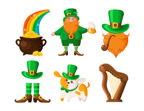 Saint Patricks Day cartoon leprechaun, pot of gold coins, cute dog or puppy in green hat, smoking pipe, bowler hat, harp, boots, vector set isolated on white