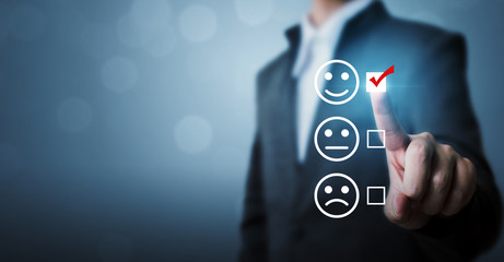 Businessmen choose to rating score happy icons. Customer service experience and business...