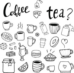 Coffee Tea Food Drink Cups Desserts Doodle Cartoon Vector Outline Isolated Elements