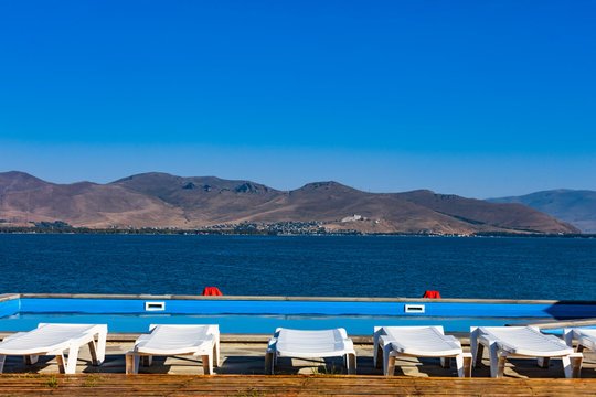 swimming pool in front of Lake Sevan landmark of Gegharkunik Armenia eastern Europe