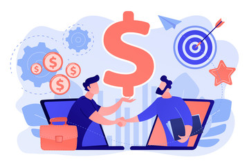 B2B sales person selling products and services to buyer in laptop. Business-to-business sales, B2B sales method, wholesale business trend concept. Pink coral blue vector isolated illustration