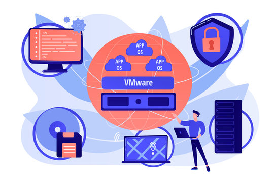 Virtual Machines. Operating System And Data Storage. Virtualization Technology, Process Virtual Representation, Reduce IT Expenses Concept. Pink Coral Blue Vector Isolated Illustration