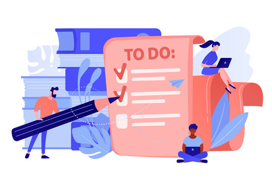 People feel in check boxes in to do list. Project task management it concept. Software development process and project management activities. Pinkish coral blue palette. Vector illustration on white