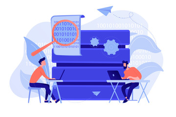Programmers with laptops working on code and big data. Software development, data processing and analysis, data applications and management concept. Vector isolated illustration. - obrazy, fototapety, plakaty