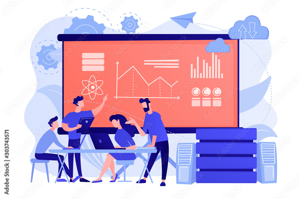 Wall mural Software Engineer, Statistician, Visualizer and Analyst working on a project. Big data conference, big data presentation, data science concept. Pinkish coral bluevector isolated illustration