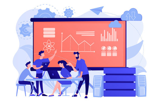 Software Engineer, Statistician, Visualizer And Analyst Working On A Project. Big Data Conference, Big Data Presentation, Data Science Concept. Pinkish Coral Bluevector Isolated Illustration