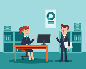 Businessman and business woman talking and discussing in office. Teamwork process vector concept