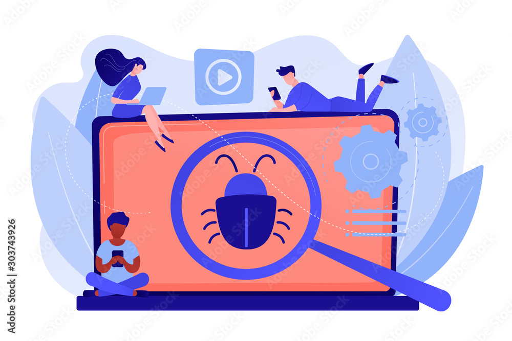 Wall mural tiny business people with digital devices testing demo software. beta testing, new product testing, 
