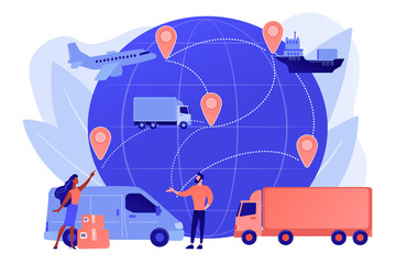 Internet store goods international shipment. Global transportation system, worldwide logistics and distribution, worldwide delivery service concept. Pinkish coral bluevector isolated illustration - obrazy, fototapety, plakaty