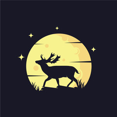 Deer with Yellow Moon Background Logo Template