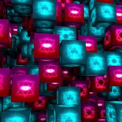 Mystical geometry shining symbols flying cubes. Linear alchemy, occult, philosophical signs. Astrology and religion concept. 3D rendering