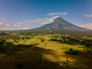 Mayon Volcano with a Rice Fields view from aerial shoot in Legazpi City Albay. Philippines