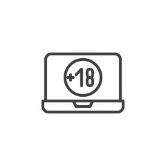 Under 18 years old content line icon. linear style sign for mobile concept and web design. Laptop screen with Eighteen plus sign outline vector icon. Symbol, logo illustration. Vector graphics
