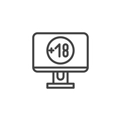 Eighteen plus sign computer screen line icon. linear style sign for mobile concept and web design. Under 18 years old content outline vector icon. Symbol, logo illustration. Vector graphics