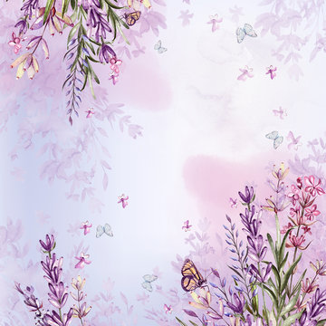 Beautiful wedding watercolor card, invitation with lavender flowers. 