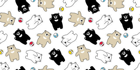 Bear seamless pattern polar bear vector ball scarf isolated teddy cartoon repeat background tile wallpaper illustration doodle design