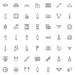 Sex shop line icons set. linear style symbols collection, outline signs pack. vector graphics. Set includes icons as Ball gag, handcuffs, condom, butt anal plug, lubricant, vibrator dildo sex toy - obrazy, fototapety, plakaty
